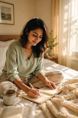 Young Woman Journaling by Sunlit Window
