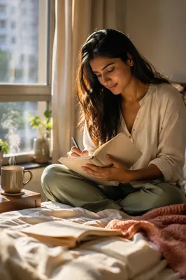 Woman Journaling in Sunlit Bedroom Morning