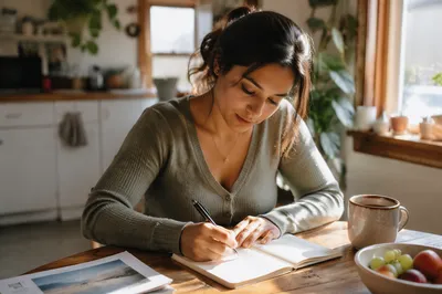 Woman Writing in Notebook at Morning Table