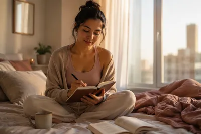 Woman Writing in Bed at Sunrise