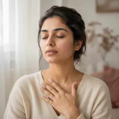 Calm Woman Breathing by Window Light