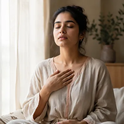 Calm Woman Breathing by Window
