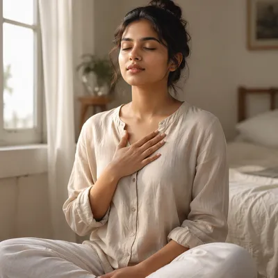 Calm Woman Breathing by Sunlit Window