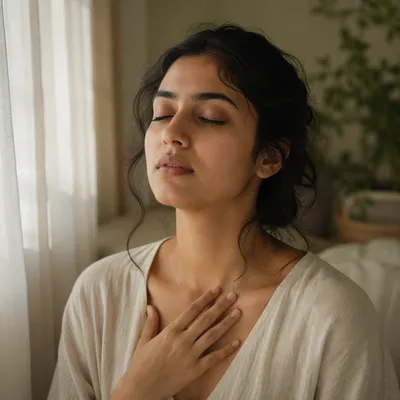 Serene Woman Breathing by Window Light