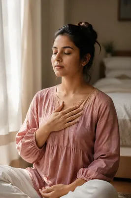 Calm Woman Practicing Mindful Breathing Indoors