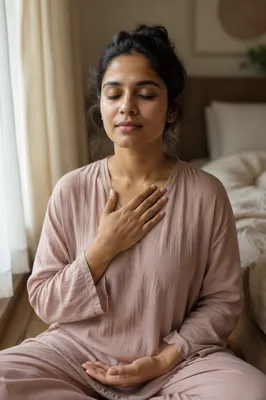 Calm Woman Breathing by Bedroom Window