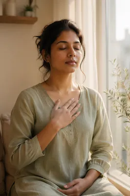 Calm Woman Practicing Mindful Breathing Indoors