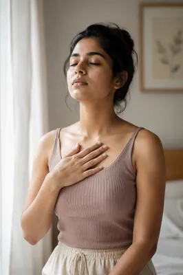 Calm Woman Breathing by Window
