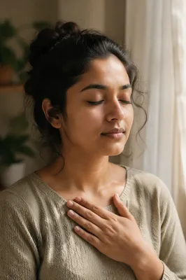 Serene Woman Breathing by Window Light