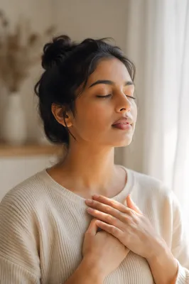 Calm Woman Breathing by Soft Window Light