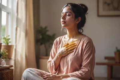 Calm Woman Breathing by Sunlit Window