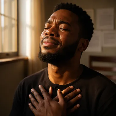 Tearful Young Man in Quiet Prayer