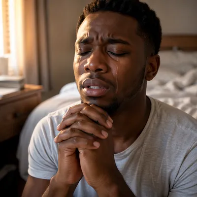 Tearful Young Man Praying at Dawn