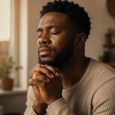 Tearful Young Man Praying by Window