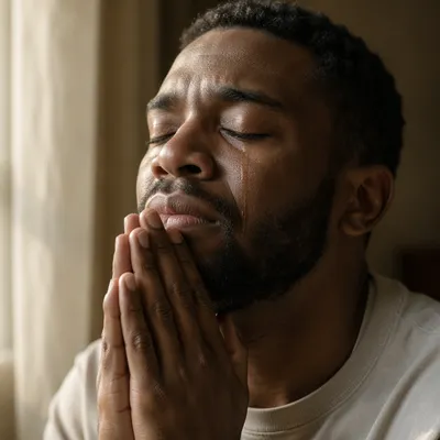Tearful Young Man in Quiet Prayer