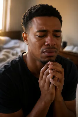 Tearful Young Man Praying at Dawn
