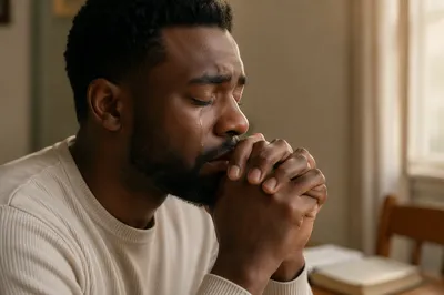 Tearful Man Praying by Window Light