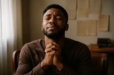 Tearful Young Man in Quiet Prayer