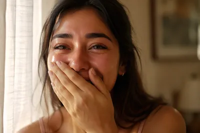 Joyful Tearful Woman by Sunlit Window