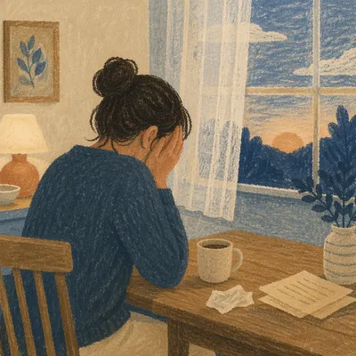 Overwhelmed Person Praying at Dawn Table