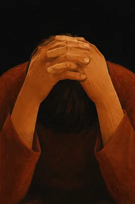 Overwhelmed Person in Quiet Prayer Darkness