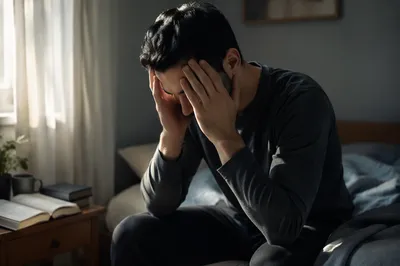 Overwhelmed Man Sitting on Bed Indoors
