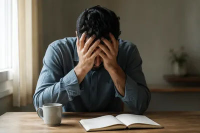 Overwhelmed Man Resting Head in Hands
