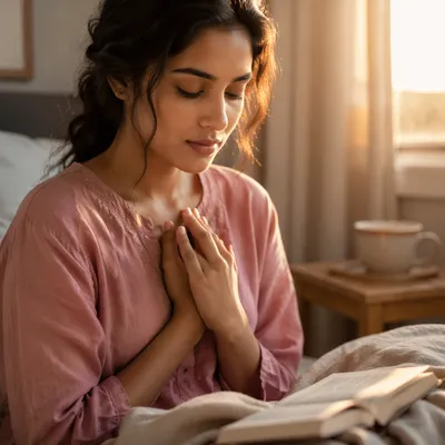 Peaceful Woman by Sunlit Bedroom Window