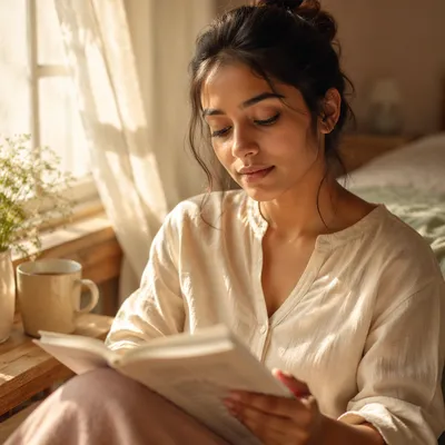 Peaceful Woman by Sunlit Bedroom Window