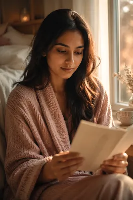 Peaceful Young Woman by Bedroom Window