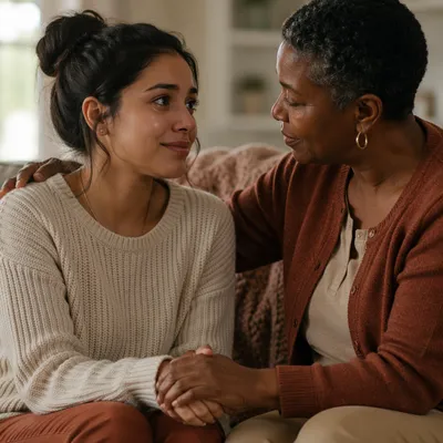 Tearful Woman Comforted in Quiet Living Room