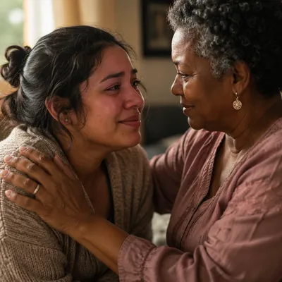 Tearful Woman Comforted in Warm Close-Up