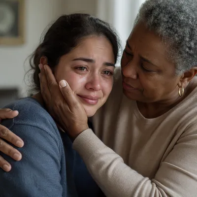 Tearful Young Woman Receiving Gentle Comfort