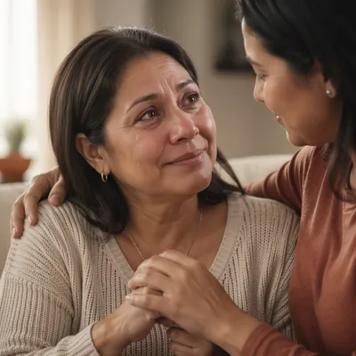 Tearful Woman Comforted by Close Friend