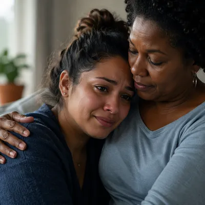Tearful Young Woman Receiving Comfort