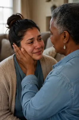 Tearful Woman Comforted in Quiet Living Room