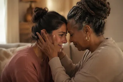 Tearful Woman Comforted in Quiet Living Room