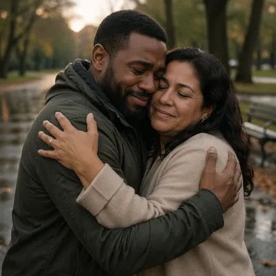 Emotional Reconciliation Embrace on Rainy Park Path