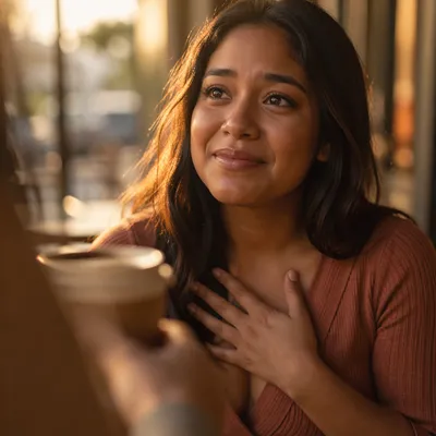 Grateful Young Woman at Sidewalk Cafe