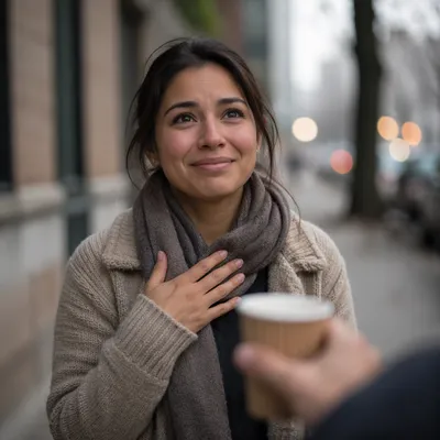 Grateful Woman Receiving Warm Drink Outdoors