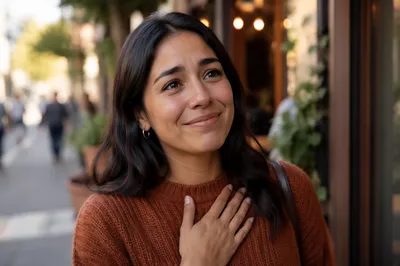 Grateful Young Woman Outside Neighborhood Cafe