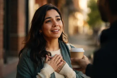 Grateful Woman Receiving Kindness on Sidewalk