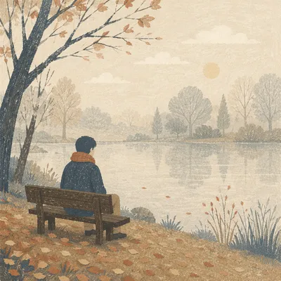 Solitary Reflection by Misty Park Pond