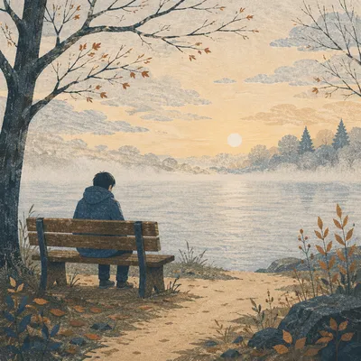 Solitary Reflection on a Lakeside Bench
