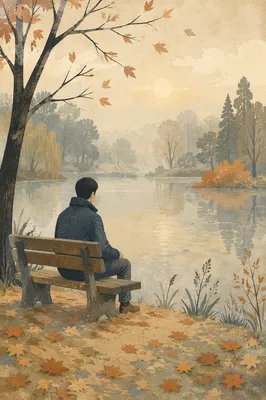 Solitary Bench Reflection by Misty Pond