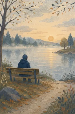 Solitary Bench Reflection by Misty Lake