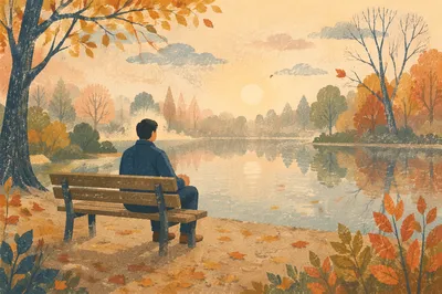 Solitary Bench Reflection by Autumn Pond