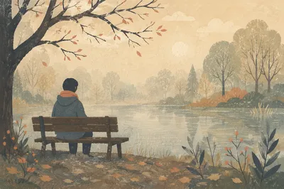 Solitary Reflection on Bench by Misty Pond