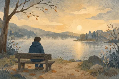 Solitary Reflection on Lakeside Bench at Dawn