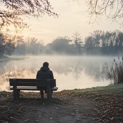 Solitary Reflection on Lakeside Bench